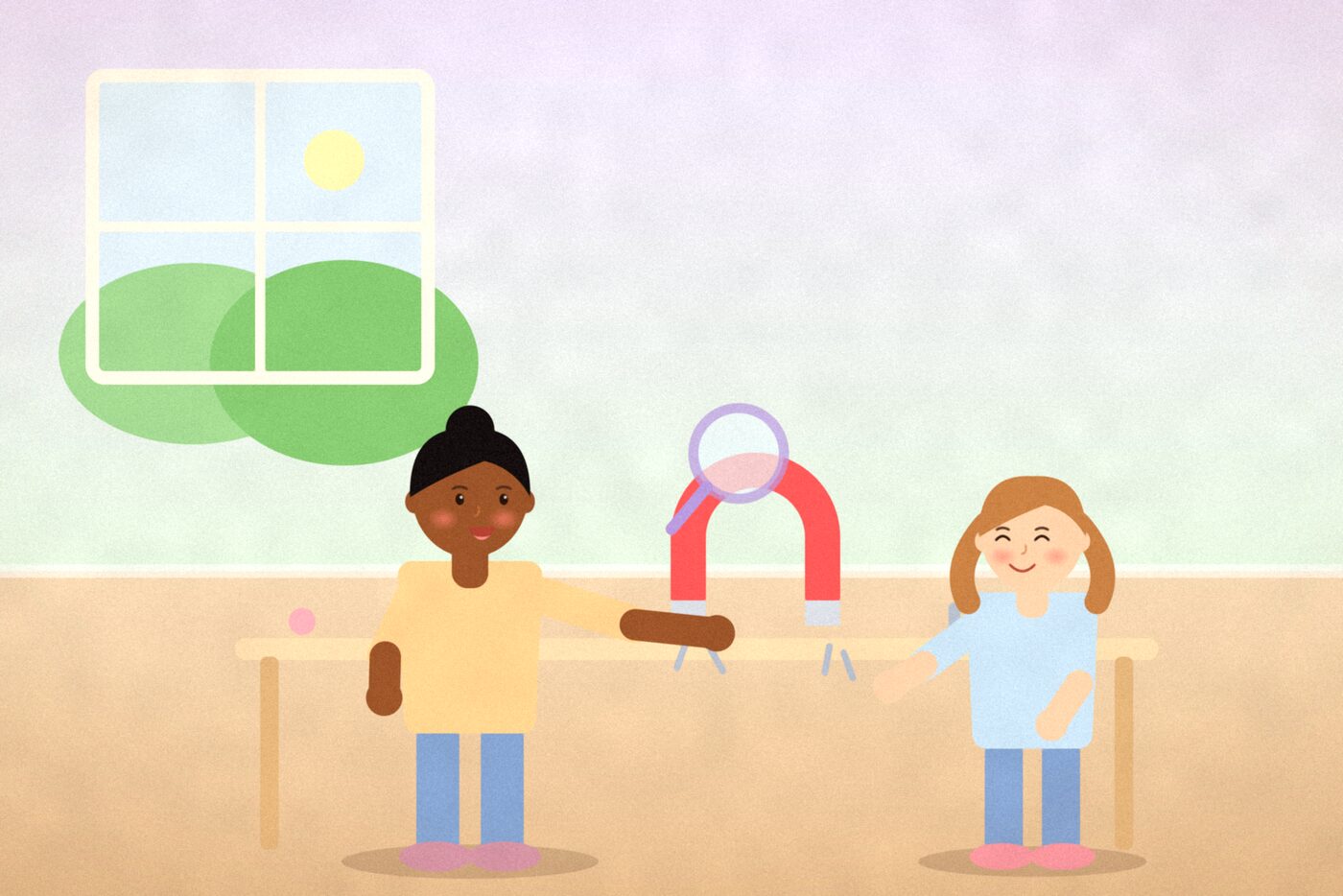 Illustration of two children at a table around a red horseshoe magnet picking up paperclips, with a magnifying glass above