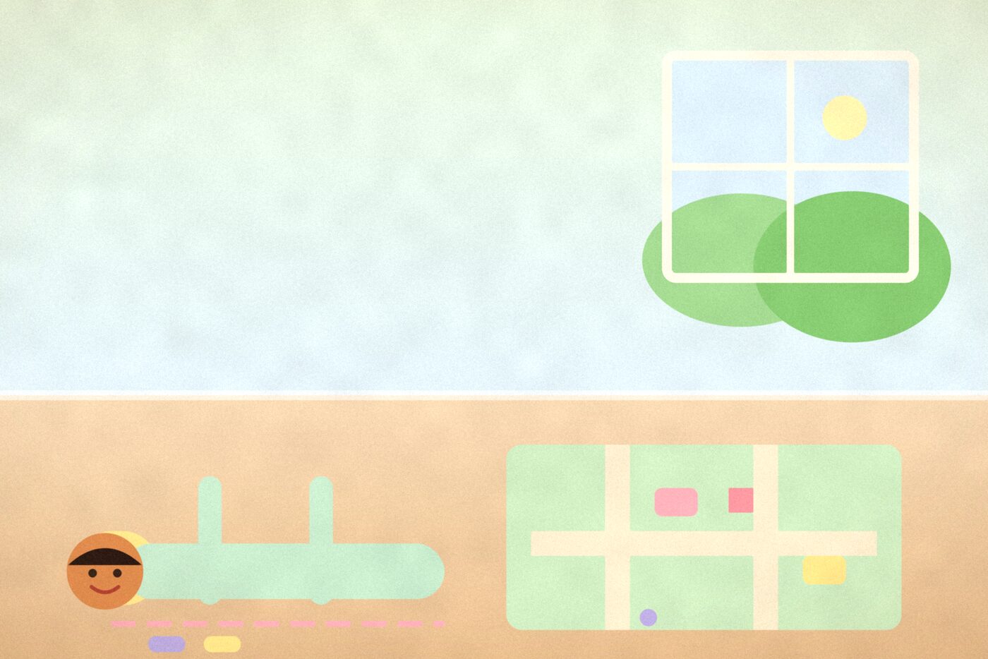 Illustration of a child lying on the floor with arms stretched out to measure with string and shoes, beside a toy road map rug