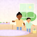 Illustration of a child pointing at a tray of leaves, a pebble and a pine cone on a table while another child holds a basket of finds