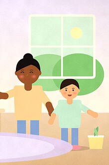 Illustration of a child pointing at a tray of leaves, a pebble and a pine cone on a table while another child holds a basket of finds