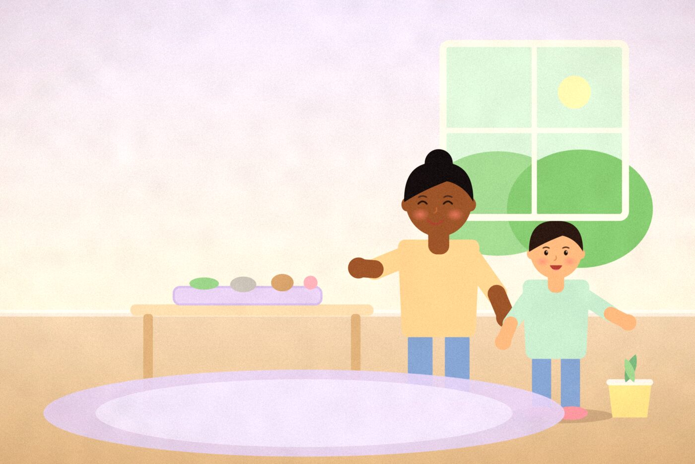 Illustration of a child pointing at a tray of leaves, a pebble and a pine cone on a table while another child holds a basket of finds