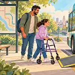 A child using a purple walker approaches an accessible bus ramp with a caregiver and welcoming driver