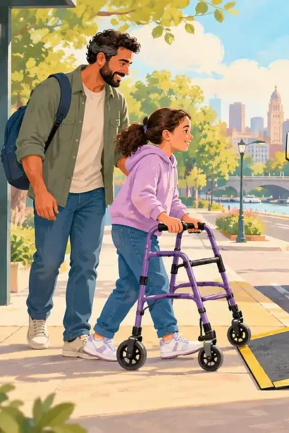 A child using a purple walker approaches an accessible bus ramp with a caregiver and welcoming driver