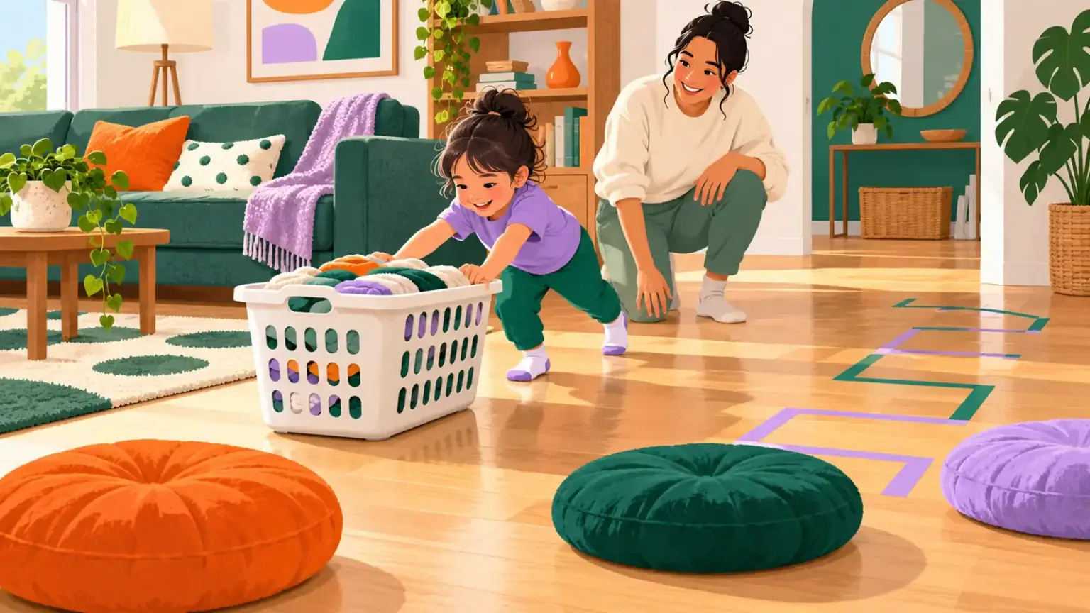 Child safely pushing a laundry basket along a clear indoor route while a caregiver supervises