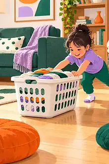 Child safely pushing a laundry basket along a clear indoor route while a caregiver supervises