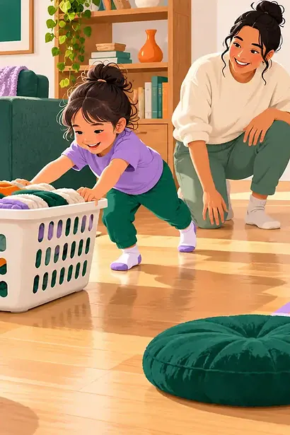Child safely pushing a laundry basket along a clear indoor route while a caregiver supervises