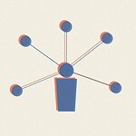 Duotone risograph-style illustration of a central figure connected by lines to five small circles, representing a personal support network map
