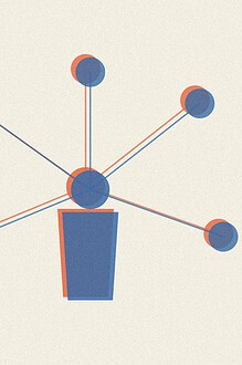 Duotone risograph-style illustration of a central figure connected by lines to five small circles, representing a personal support network map