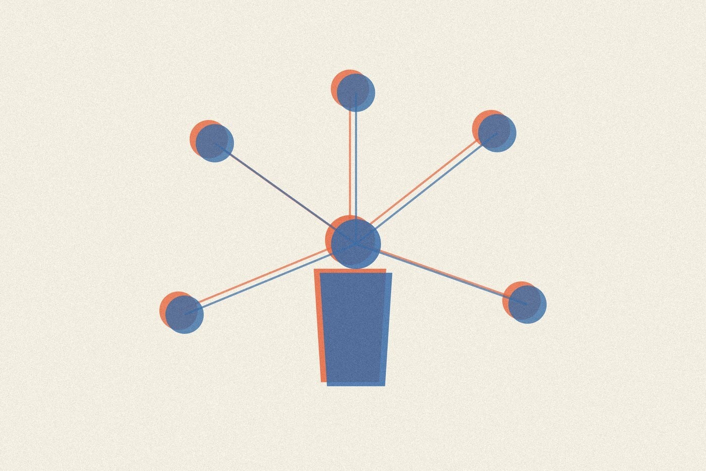 Duotone risograph-style illustration of a central figure connected by lines to five small circles, representing a personal support network map