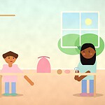 Illustration of a child reaching into a cloth bag on a kitchen table, with a pine cone, a shell and a whisk beside it and a parent watching