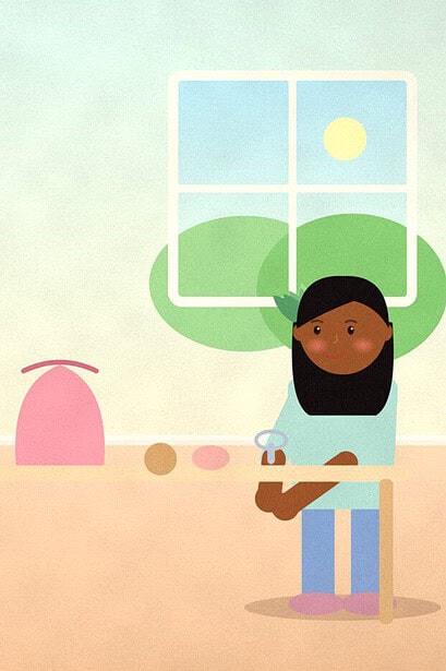 Illustration of a child reaching into a cloth bag on a kitchen table, with a pine cone, a shell and a whisk beside it and a parent watching