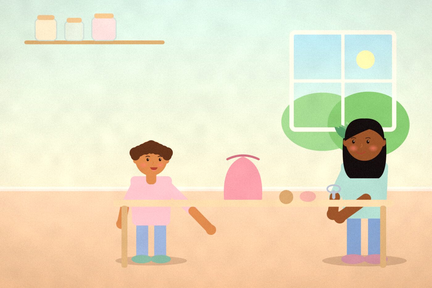Illustration of a child reaching into a cloth bag on a kitchen table, with a pine cone, a shell and a whisk beside it and a parent watching