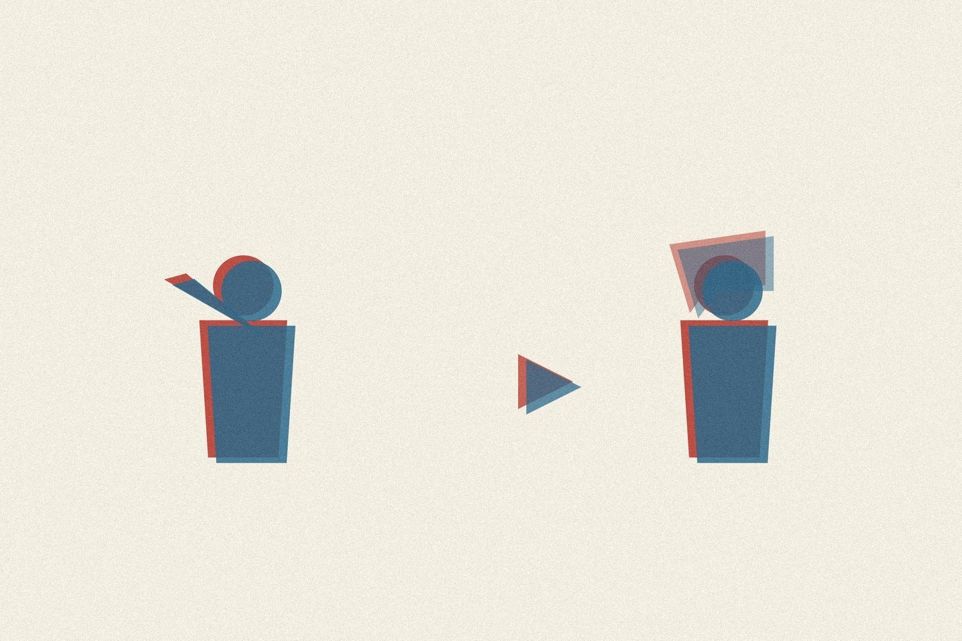 Duotone risograph-style illustration of a figure with a raised hand, an arrow shape, and another figure with a speech shape, representing a three step safety response