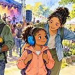 Noise-sensitive child wearing protective earmuffs while a caregiver shows a quieter route at an outdoor event