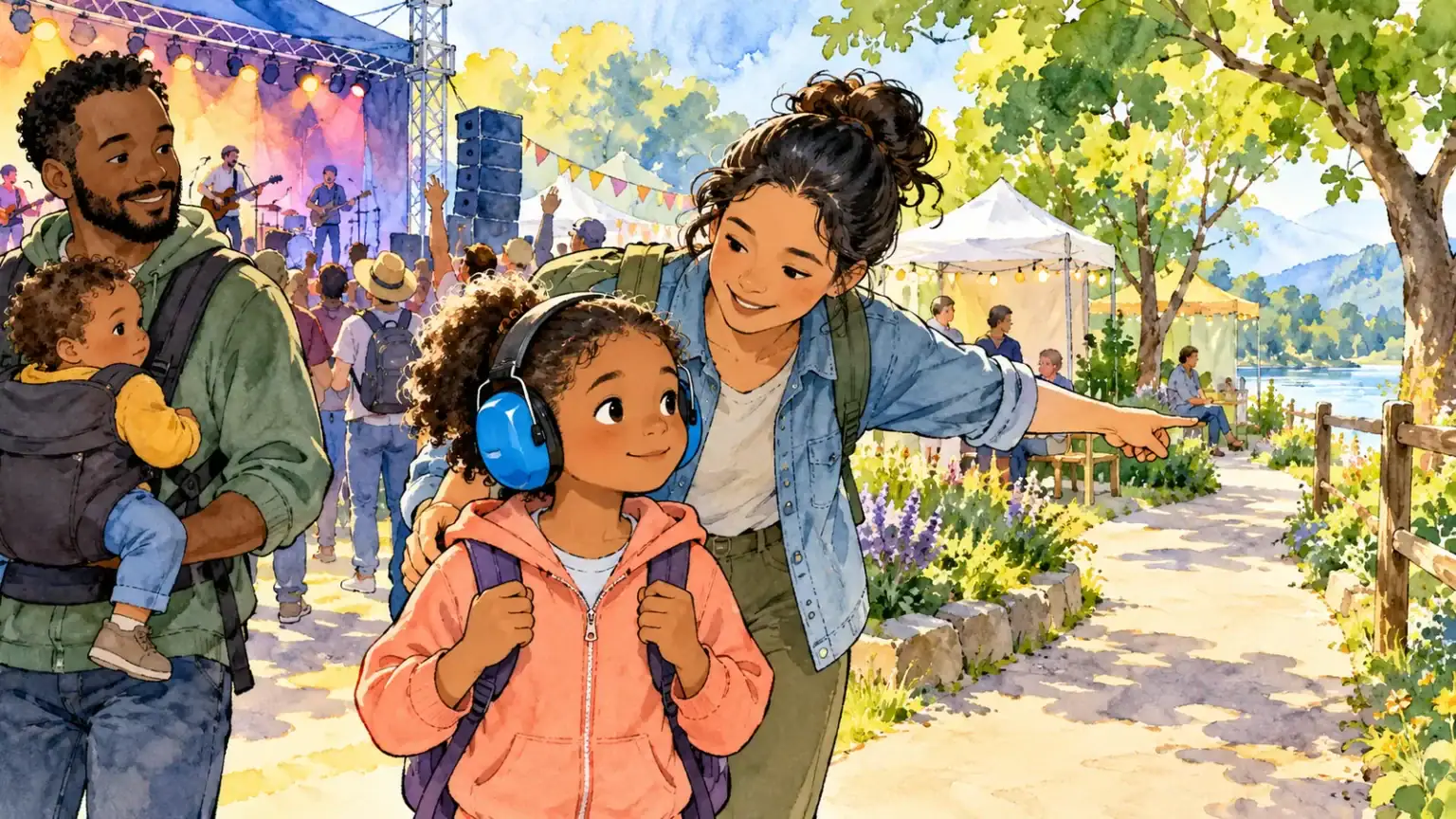 Noise-sensitive child wearing protective earmuffs while a caregiver shows a quieter route at an outdoor event