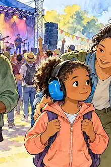 Noise-sensitive child wearing protective earmuffs while a caregiver shows a quieter route at an outdoor event