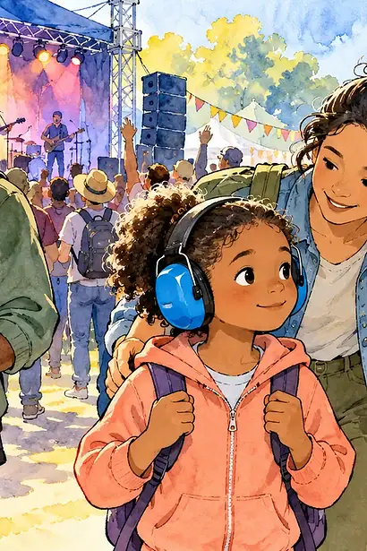 Noise-sensitive child wearing protective earmuffs while a caregiver shows a quieter route at an outdoor event