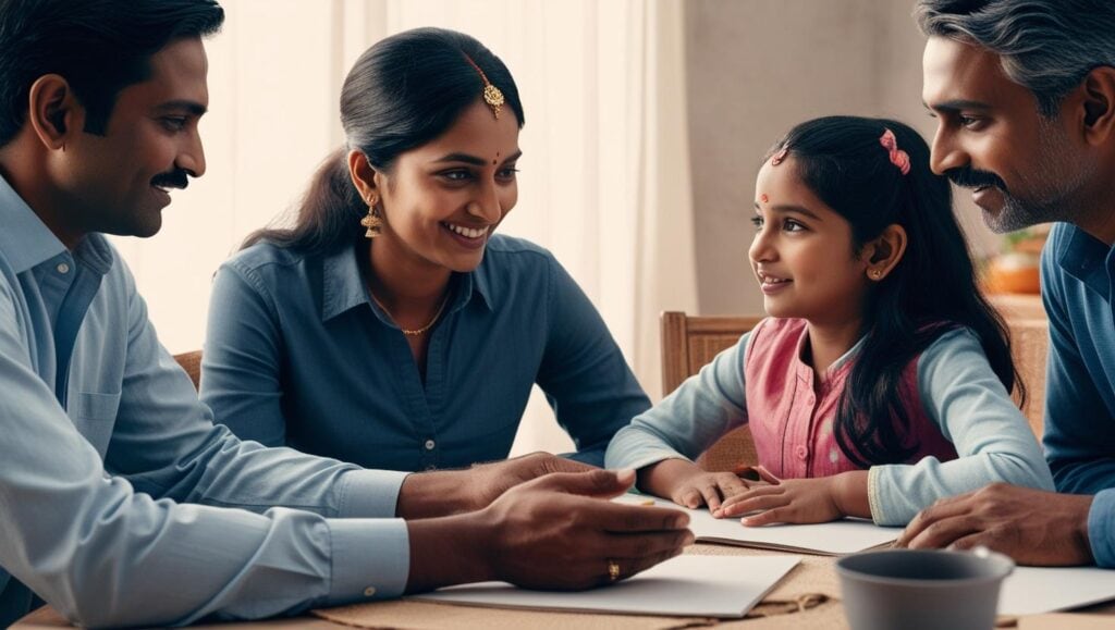 A heartwarming family moment where a young girl is engaged in a conversation with her parents and grandparents. The family sits around a table with open books, smiling warmly as they discuss and support the girl's thoughts. The setting reflects a nurturing and encouraging atmosphere for learning and dialogue.