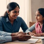 A heartwarming family moment where a young girl is engaged in a conversation with her parents and grandparents. The family sits around a table with open books, smiling warmly as they discuss and support the girl's thoughts. The setting reflects a nurturing and encouraging atmosphere for learning and dialogue.