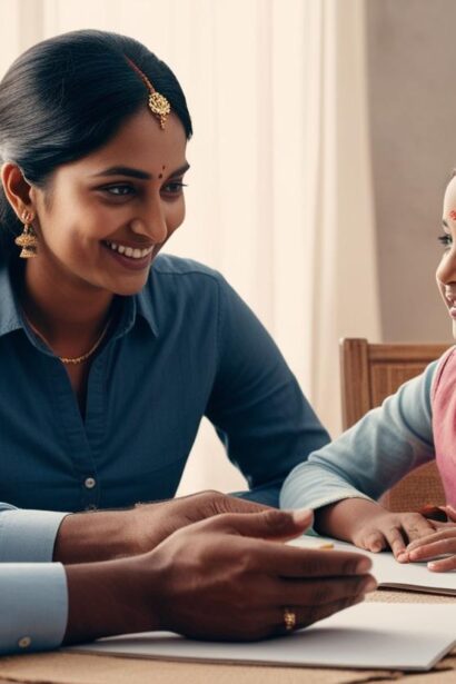 A heartwarming family moment where a young girl is engaged in a conversation with her parents and grandparents. The family sits around a table with open books, smiling warmly as they discuss and support the girl's thoughts. The setting reflects a nurturing and encouraging atmosphere for learning and dialogue.