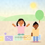 Illustration of a child hopping along a chalk row of squares showing one to six dots, with a beanbag lying nearby