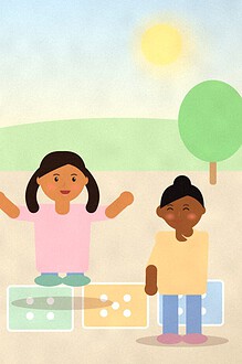 Illustration of a child hopping along a chalk row of squares showing one to six dots, with a beanbag lying nearby