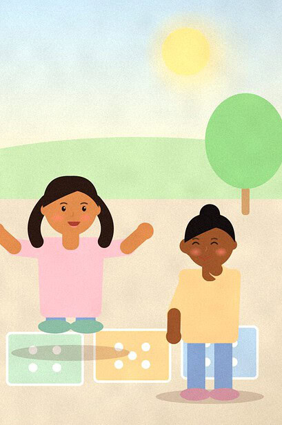 Illustration of a child hopping along a chalk row of squares showing one to six dots, with a beanbag lying nearby
