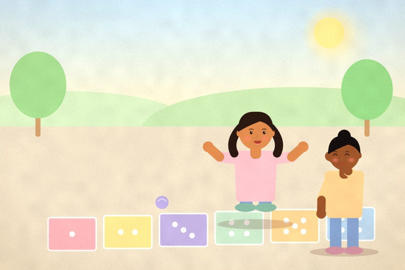 Illustration of a child hopping along a chalk row of squares showing one to six dots, with a beanbag lying nearby