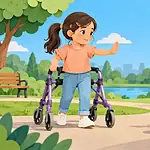 A child using a walker signals to a peer who pauses before helping with a dropped basketball