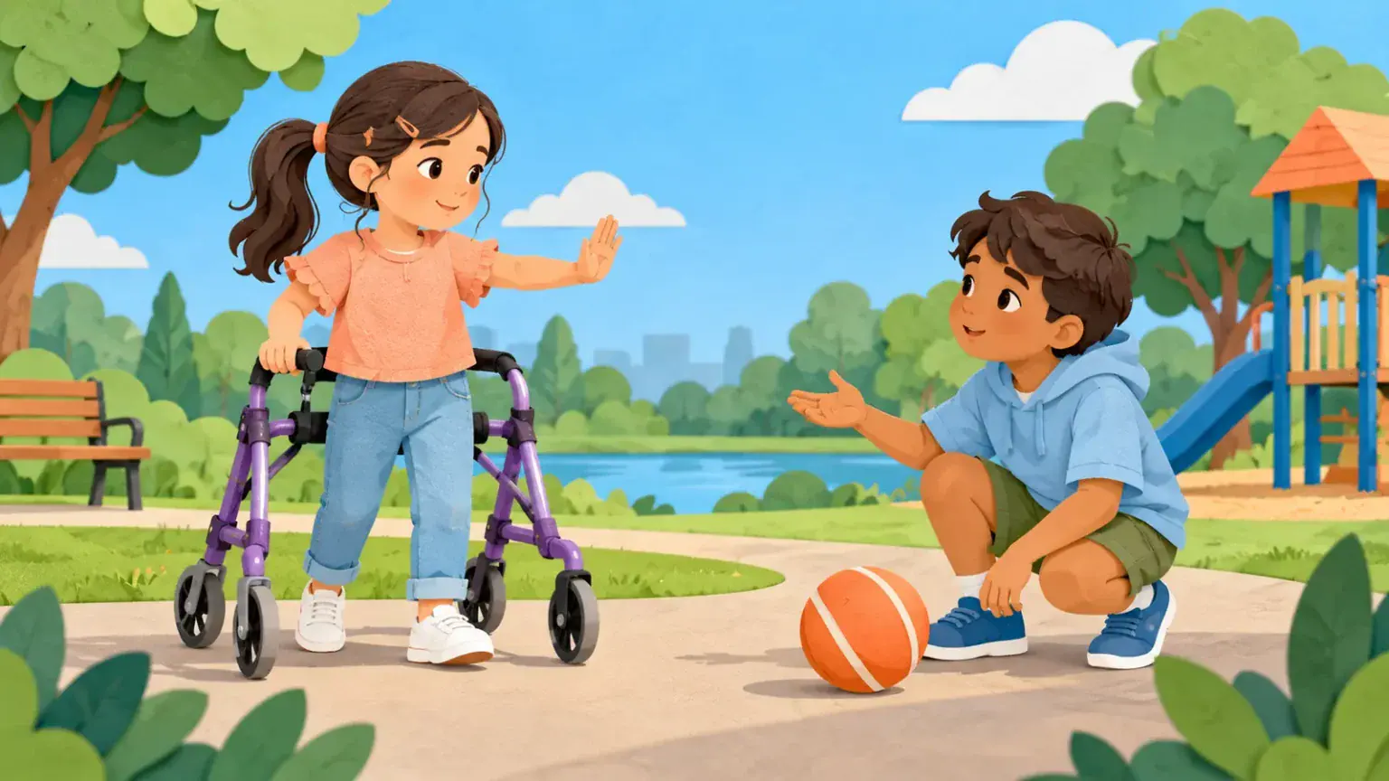 A child using a walker signals to a peer who pauses before helping with a dropped basketball