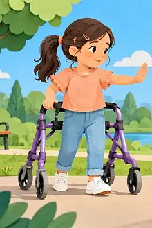 A child using a walker signals to a peer who pauses before helping with a dropped basketball