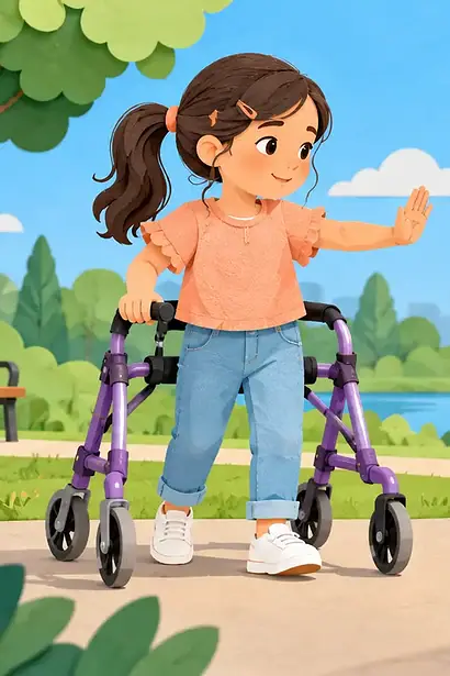 A child using a walker signals to a peer who pauses before helping with a dropped basketball