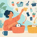 Two caregivers sort household task symbols into simple baskets for now, later and delegated work