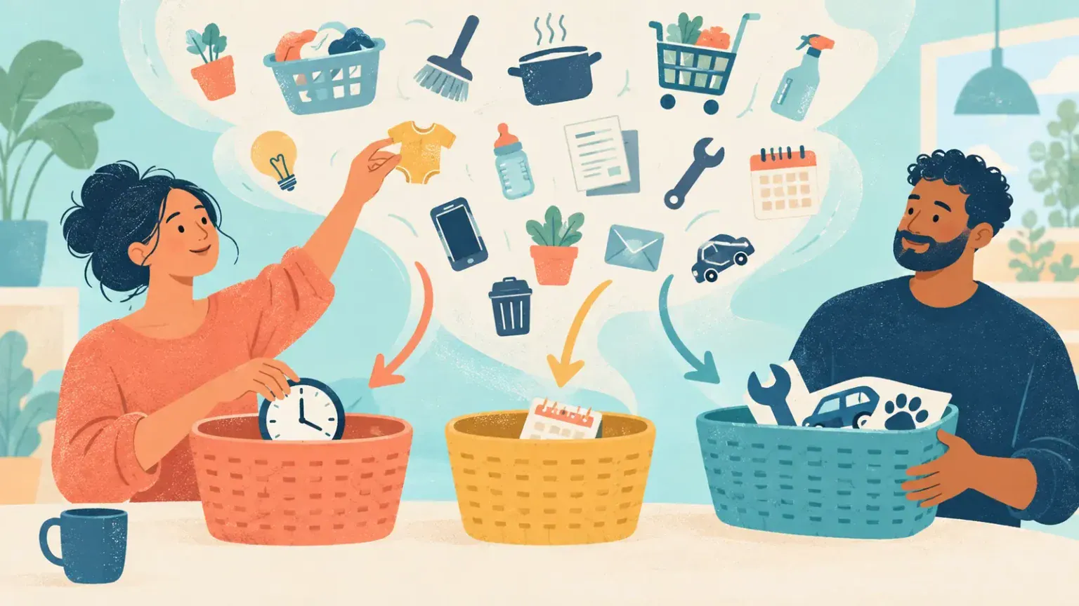 Two caregivers sort household task symbols into simple baskets for now, later and delegated work