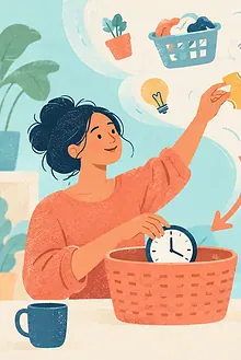Two caregivers sort household task symbols into simple baskets for now, later and delegated work