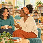 Three parents share a warm conversation at a community library while children play nearby