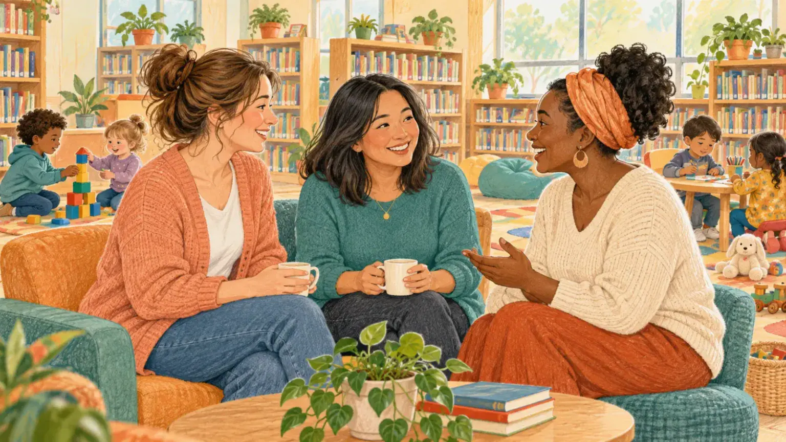Three parents share a warm conversation at a community library while children play nearby