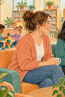 Three parents share a warm conversation at a community library while children play nearby