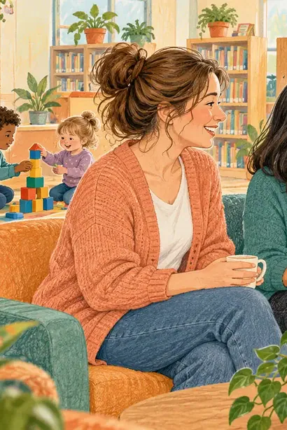 Three parents share a warm conversation at a community library while children play nearby