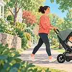 A parent takes a relaxed walk on a leafy path while pushing a child in a stroller