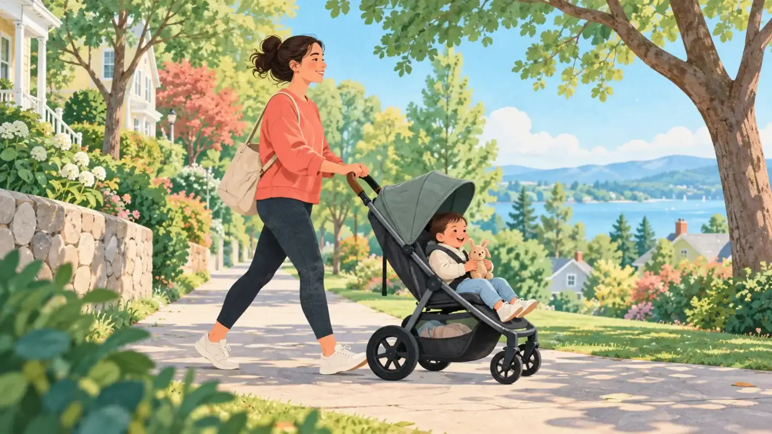 A parent takes a relaxed walk on a leafy path while pushing a child in a stroller