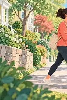 A parent takes a relaxed walk on a leafy path while pushing a child in a stroller
