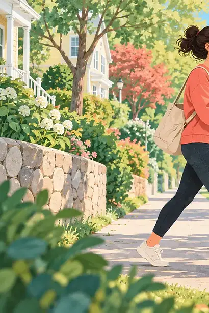 A parent takes a relaxed walk on a leafy path while pushing a child in a stroller