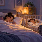 Two caregivers quietly trade night duties while one rests and a young child sleeps safely nearby