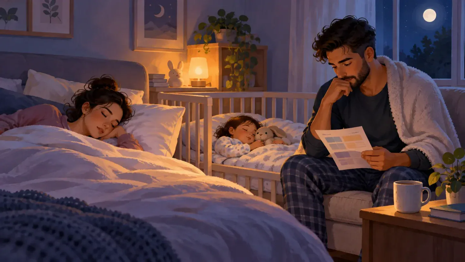 Two caregivers quietly trade night duties while one rests and a young child sleeps safely nearby
