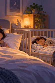 Two caregivers quietly trade night duties while one rests and a young child sleeps safely nearby