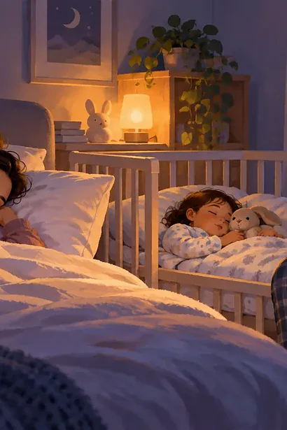 Two caregivers quietly trade night duties while one rests and a young child sleeps safely nearby
