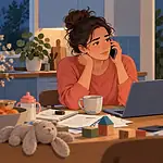 An overwhelmed parent calls for professional support while another caregiver calmly handles the evening routine