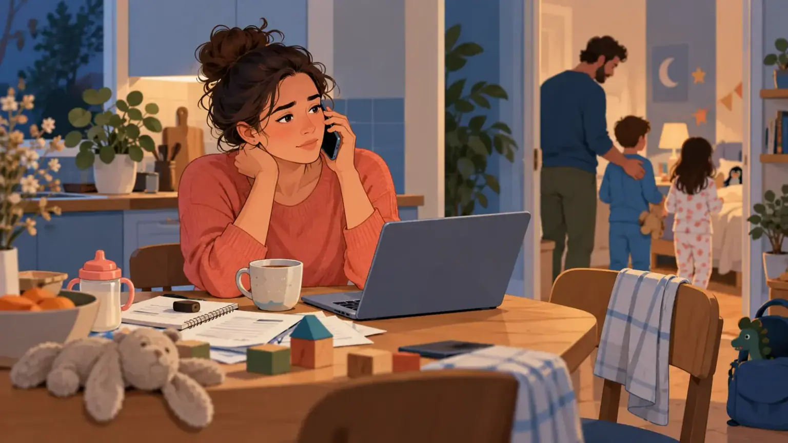 An overwhelmed parent calls for professional support while another caregiver calmly handles the evening routine