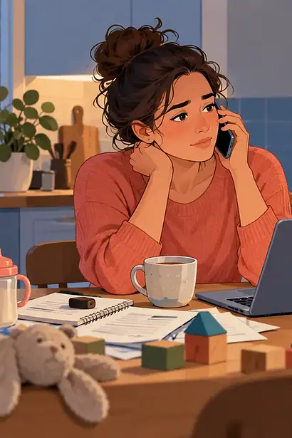 An overwhelmed parent calls for professional support while another caregiver calmly handles the evening routine